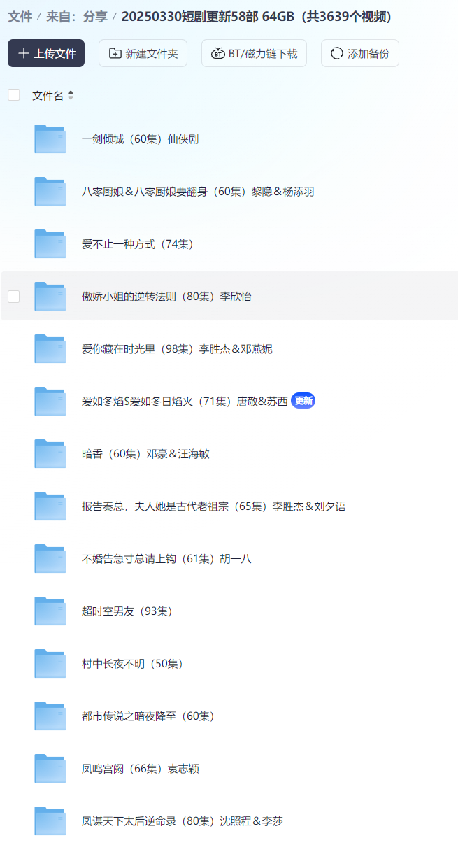 【短剧】20250330短剧更新58部 64GB(共3639个视频)