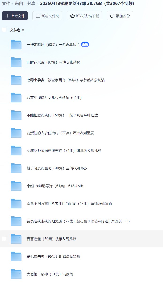 【短剧】20250413短剧更新43部 38.7GB（共3067个视频）
