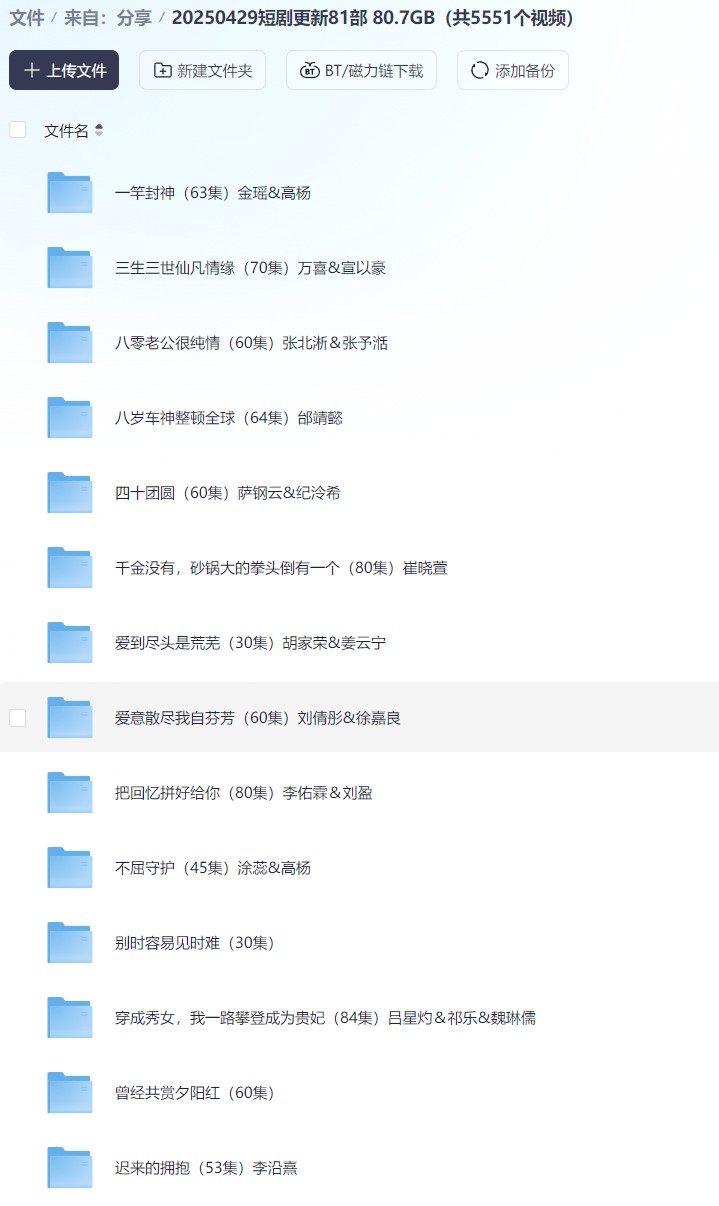 【短剧】20250429短剧更新81部 80.7GB（共5551个视频）