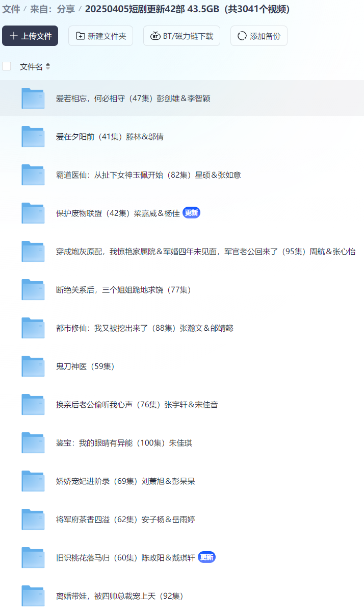 【短剧】20250405短剧更新42部 43.5GB（共3041个视频）