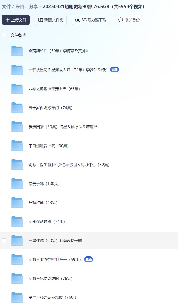 【短剧】20250421短剧更新90部 76.5GB（共5954个视频）