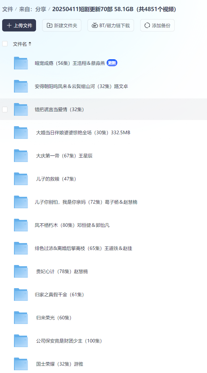 【短剧】20250411短剧更新70部 58.1GB（共4851个视频）