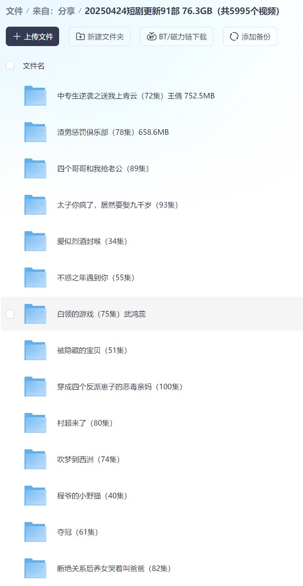 20250424短剧更新91部  76.3GB（共5995个视频）