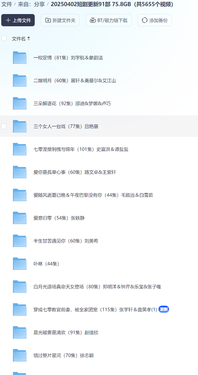 【短剧】20250402短剧更新91部 75.8GB（共5655个视频）