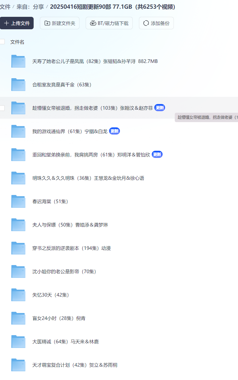 【短剧】20250416短剧更新90部 77.1GB（共6253个视频）