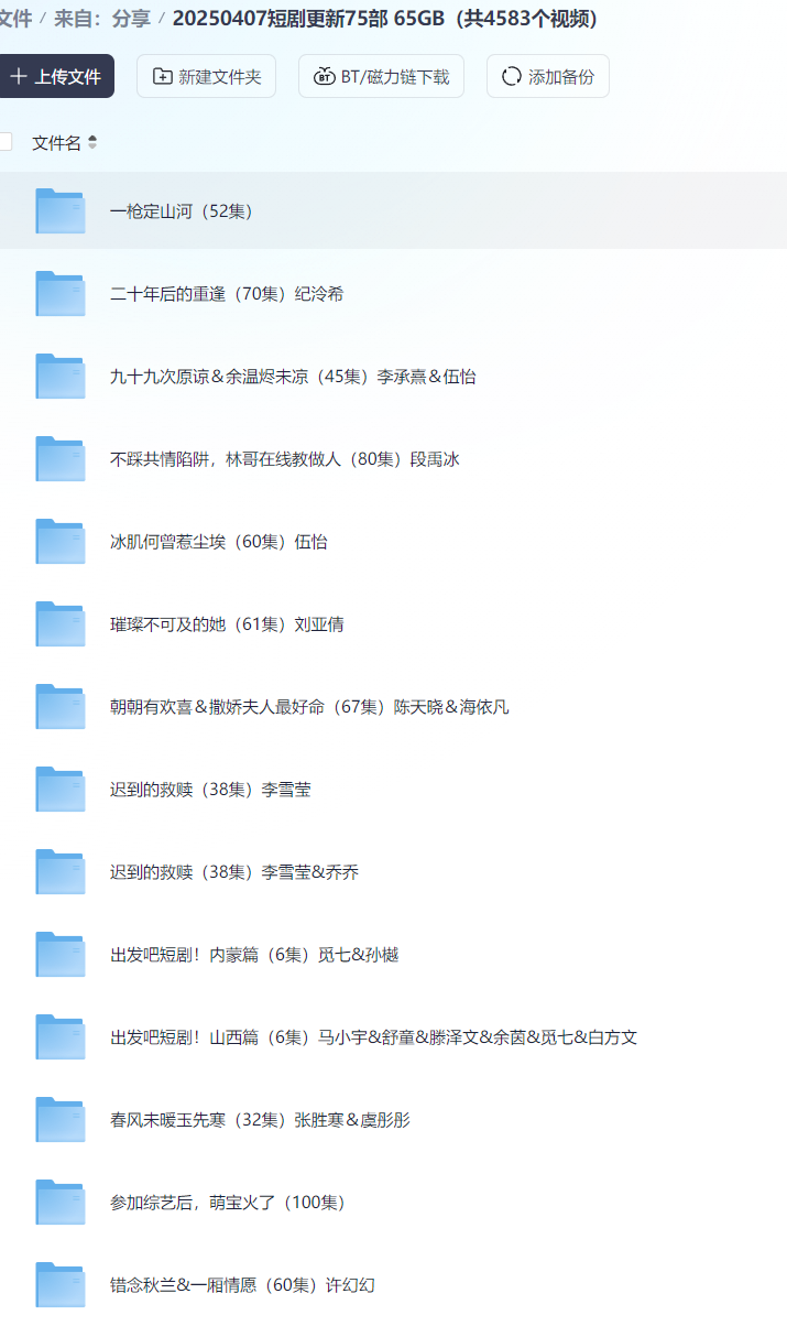【短剧】20250407短剧更新75部  65GB（共4583个视频）
