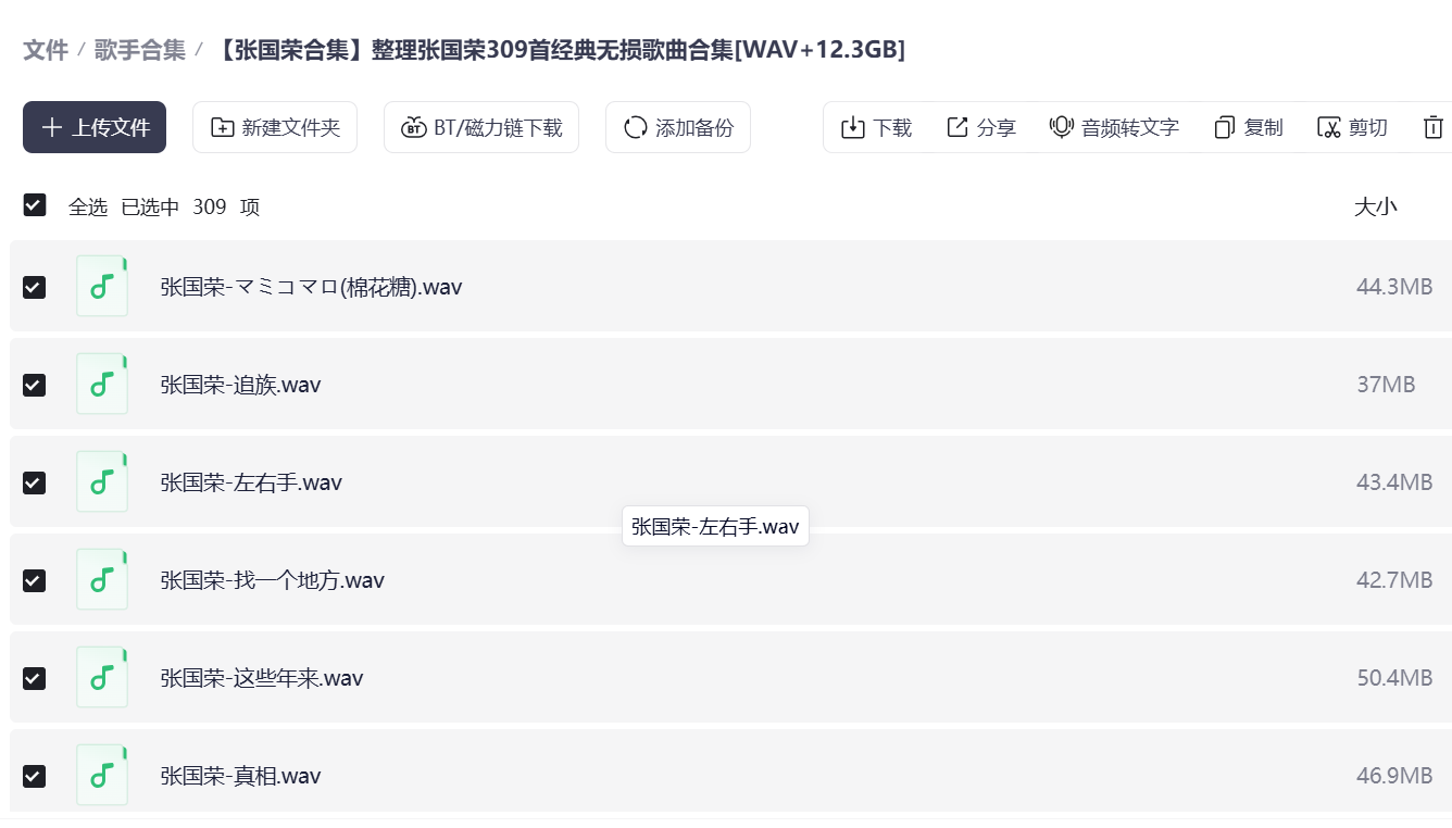 【张国荣歌曲合集】整理了张国荣309首经典无损歌曲合集 [WAV+12.3GB]随便一首都可以打动七八九零后的心声