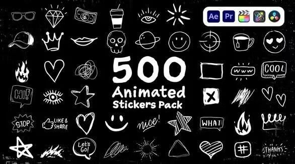 视频素材 500个手绘卡通图形贴纸动画 Animated Stickers Pack【1.33GB】