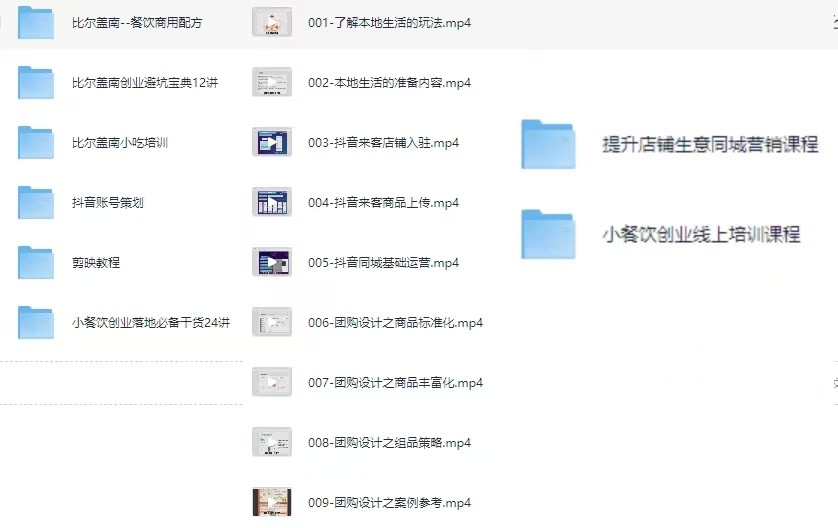 抖音1300w粉丝比尔盖男教程《小餐饮创业线上培训课+提升店铺生意同城营销课程+比尔盖兰小吃配方+落地指南》【508.1G】