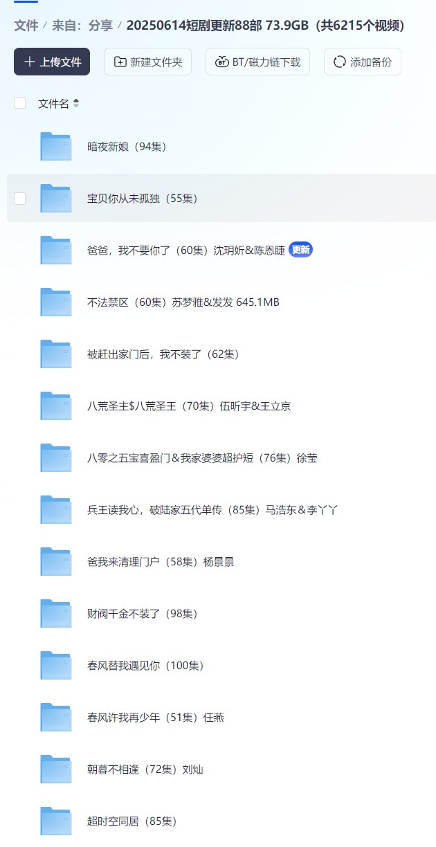 【短剧】20250614短剧更新88部 73.9GB（共6215个视频）