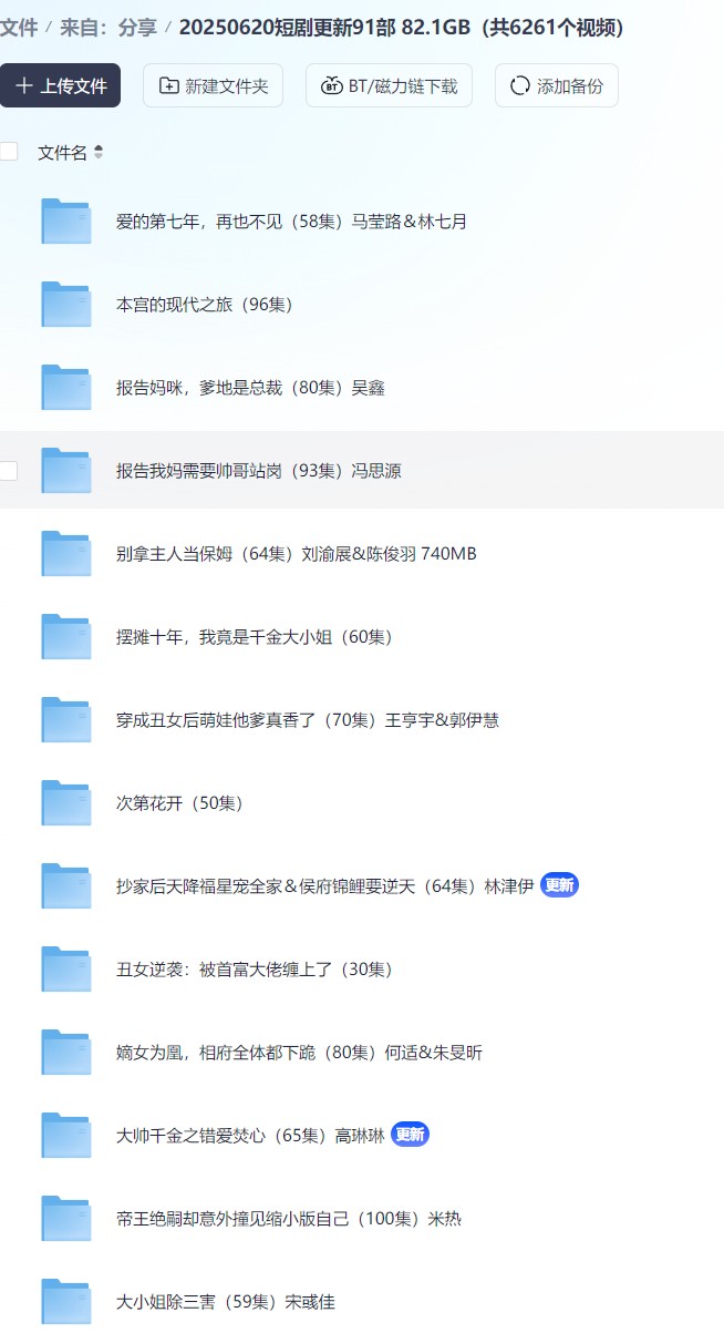 【短剧】20250620短剧更新91部 82.1GB（共6261个视频）