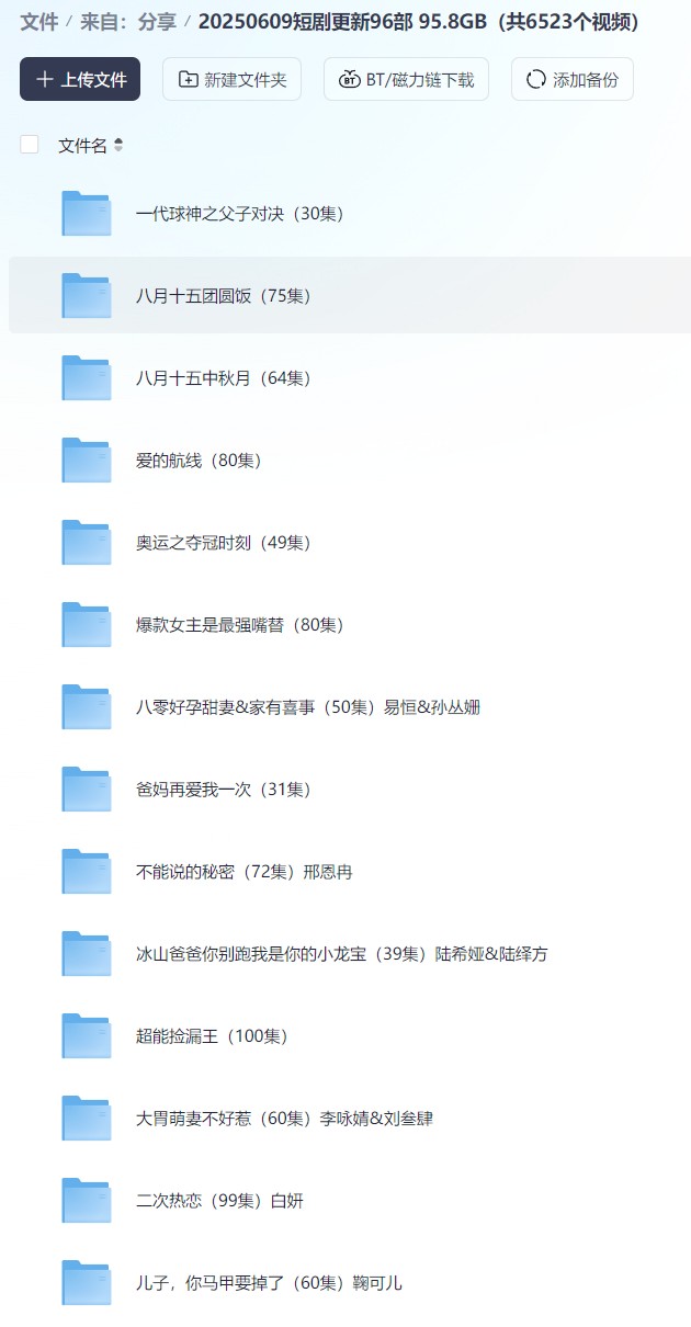 【短剧】20250609短剧更新96部 95.8GB（共6523个视频）