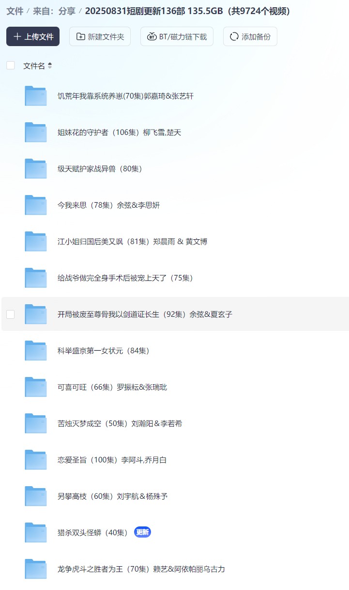 【短剧】20250831短剧更新136部 135.5GB（共9724个视频）