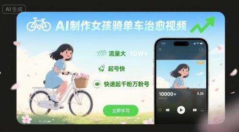 AI制作女孩骑单车治愈视频,流量大,起号快,快速起千粉万粉号【72.8MB/MP4】