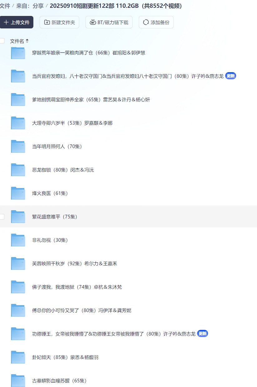 【短剧】20250910短剧更新122部 110.2GB（共8552个视频）