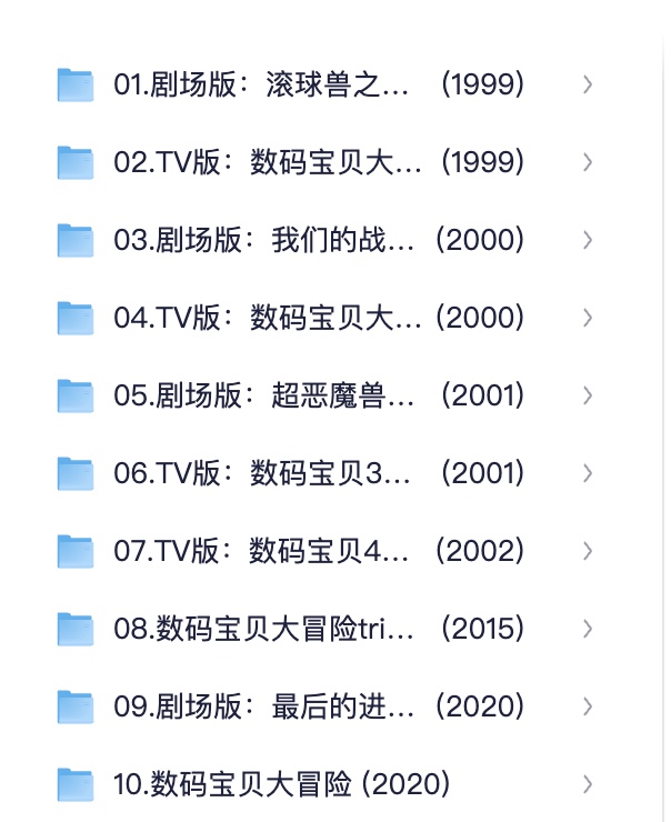 数码宝贝(1999-2020)大合集(剧场版+TV1.2.3.4+大冒险)按上映时间线排序 4K画质 共802G 外挂中文字幕 集名备注 收藏品质 童年的回忆